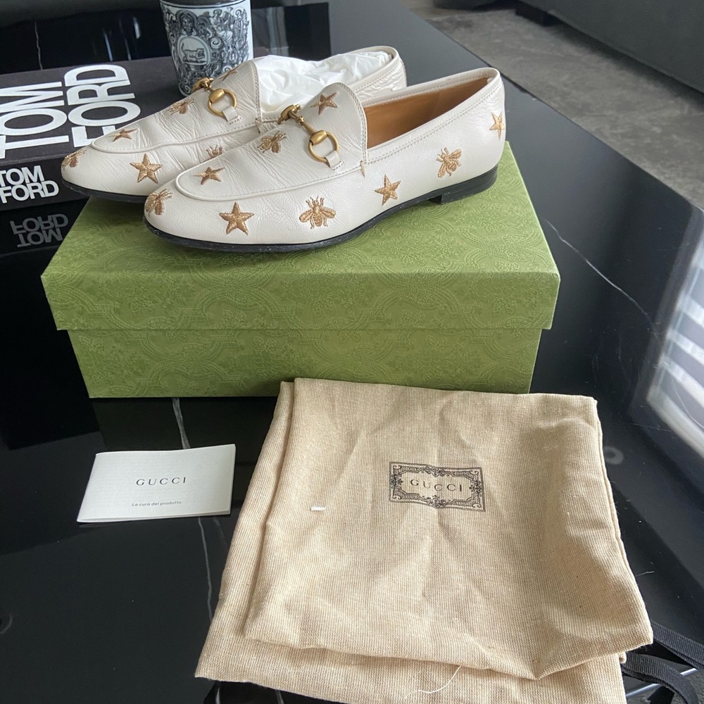 Gucci Ivory Loafers with Gold Accents